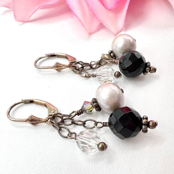 925 Sterling Silver Pearl Crystal Glass Earrings Beaded Cha Cha Holiday Patina - Picture 3 of 12